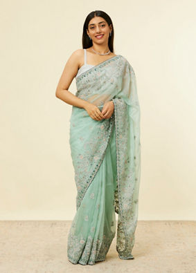 alt message - Mohey Women Sea Green Bel Buti Patterned Stone Work Saree image number 0